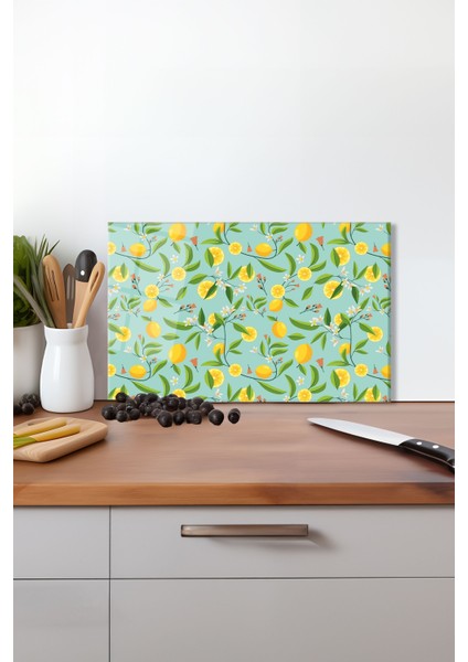 Limon Dalları Cam Kesme Tahtası, Silikon Ayaklı, Isıya Kırılmaya Dayanıklı, Sunum Kesim Tablası