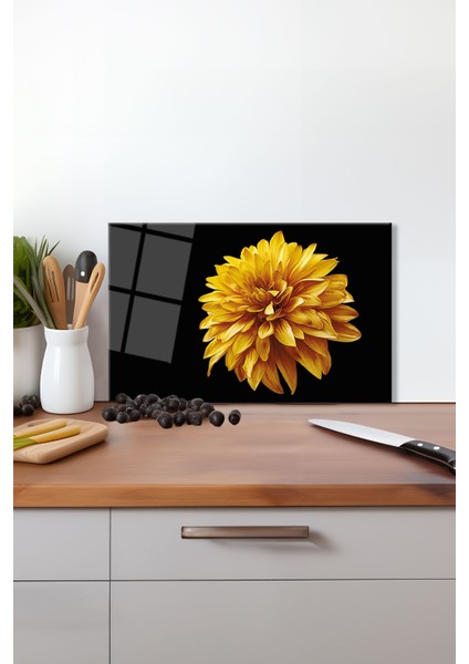 Sarı Yıldız Çiçeği Cam Kesme Tahtası, Silikon Ayaklı, Isıya Kırılmaya Dayanıklı, Sunum Kesim Tablası