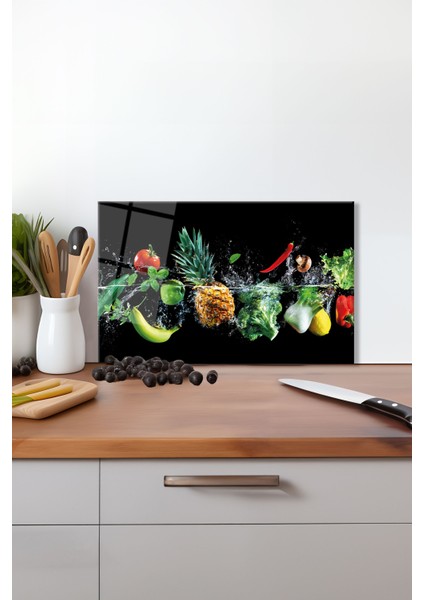 Su Efektli Meyve Sebze Cam Kesme Tahtası , Silikon Ayaklı, Kırılmaya Dayanıklı, Sunum Kesim Tablası