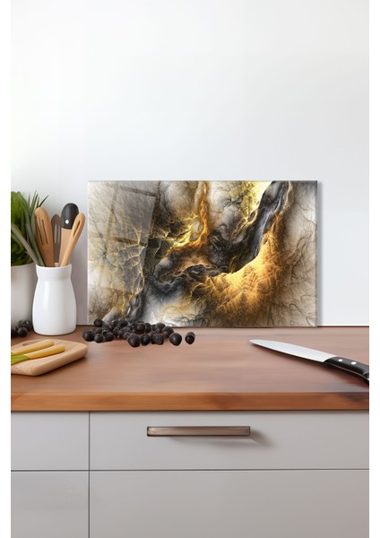 Altın Kaos Kozmik Fırtına Cam Kesme Tahtası , Silikon Ayaklı, Kırılmaya Dayanıklı, Sunum Tablası