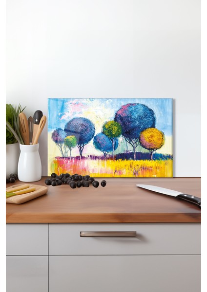 Mavi Sanatsal Ağaç Cam Kesme Tahtası, Silikon Ayaklı Isıya Kırılmaya Dayanıklı, Sunum Kesim Tablası