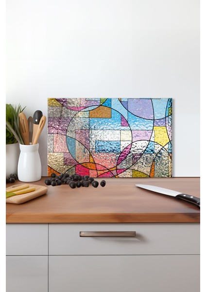 Renkli Geometrik Desen Cam Kesme Tahtası, Silikon Ayaklı, Isıya Kırılmaya Dayanıklı, Sunum Tablası