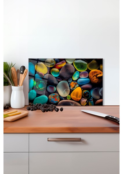 Renkli Çakıl Taşları Cam Kesme Tahtası, Silikon Ayaklı, Isıya Kırılmaya Dayanıklı, Sunum Tablası