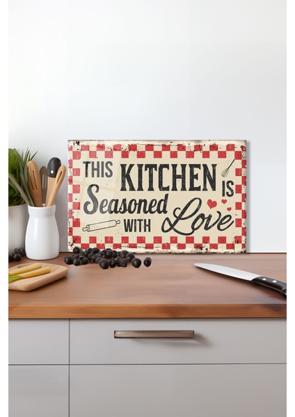 Mutfak Aşk Sevgi Cam Kesme Tahtası, Silikon Ayaklı, Isıya Kırılmaya Dayanıklı, Sunum Kesim Tablası