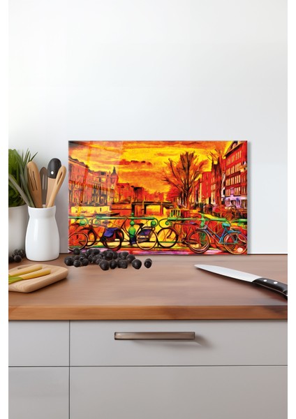 Bisiklet Şehir Manzarası Cam Kesme Tahtası, Silikon Ayaklı, Isıya Kırılmaya Dayanıklı, Sunum Tablası