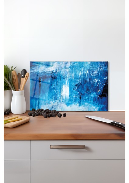 Mavi Boya Soyut Cam Kesme Tahtası, Silikon Ayaklı Isıya Kırılmaya Dayanıklı, Sunum Kesim Tablası