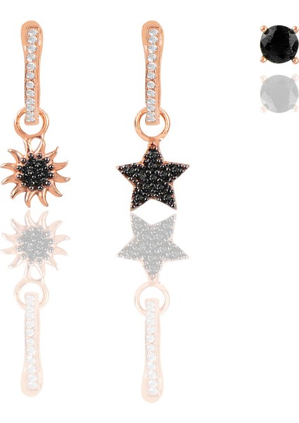 Gümüş Rose Siyah Taşlı Yıldız Güneş, ve Tektaşlı Kombin Küpe SGTL12106SIYAH