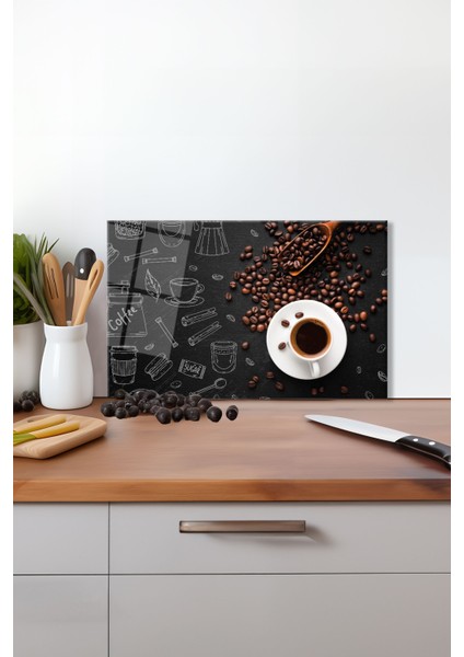 Kahve ve Çekirdekleri Cam Kesme Tahtası , Silikon Ayaklı, Kırılmaya Dayanıklı, Sunum Kesim Tablası