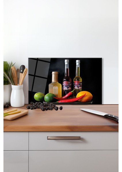 Sirkeler ve Yağ Şişesi Cam Kesme Tahtası , Silikon Ayaklı, Kırılmaya Dayanıklı, Sunum Kesim Tablası