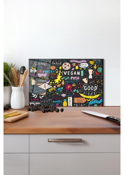 Yazılı Kara Tahta Cam Kesme Tahtası, Silikon Ayaklı Isıya Kırılmaya Dayanıklı ,sunum Kesim Tablası