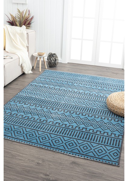 Ares Antrasit Mavi Halı Yıkanabilir Kaymaz Taban Şönil Kilim Dokuma Pamuk Taban Kilim NV15 50 x 80 cm