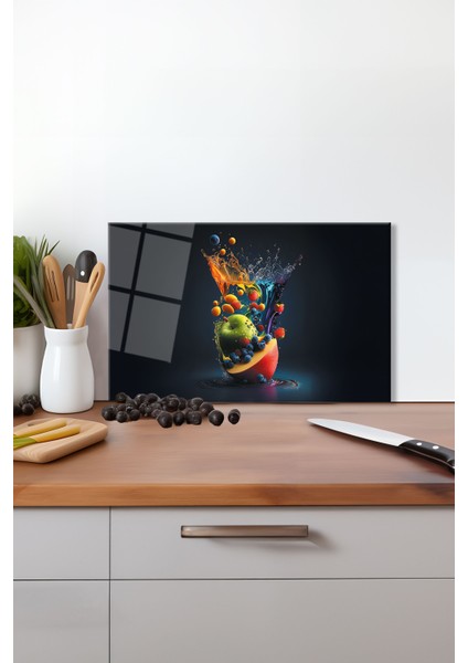 Meyvelerin Buluşması Cam Kesme Tahtası , Silikon Ayaklı, Kırılmaya Dayanıklı, Sunum Kesim Tablası