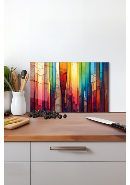 Renkli Vitray Desen Cam Kesme Tahtası, Silikon Ayaklı, Isıya Kırılmaya Dayanıklı Sunum Kesim Tablası