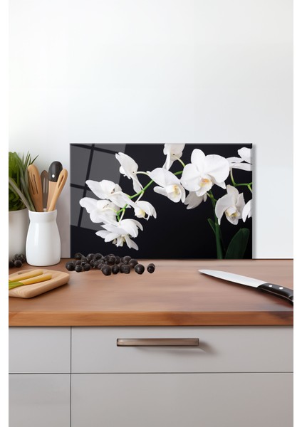 Beyaz Orkideler Cam Kesme Tahtası, Silikon Ayaklı, Isıya Kırılmaya Dayanıklı, Sunum Kesim Tablası