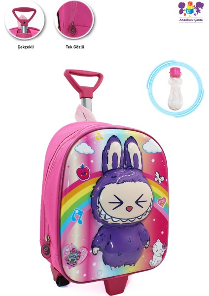 Labubu Çekçekli Anaokulu Çantası + Suluk - Çocuk Çanta - Kreş Çantası - Labubu Çanta