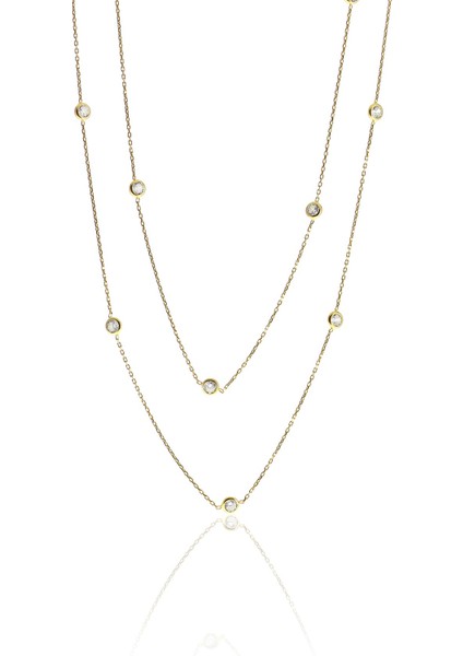 Gümüş Altın Yaldızlı Zirkon Sıra Taşlı Kolye 100 cm SGTL10506GOLD