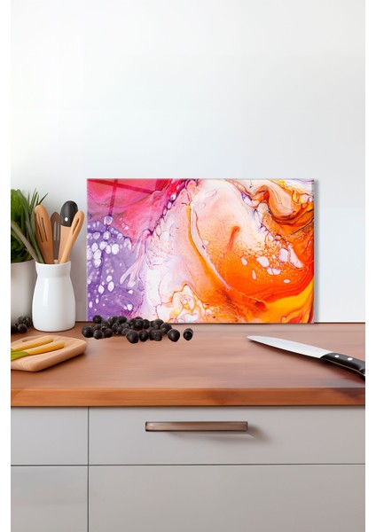 Pembe Turuncu Soyut Cam Kesme Tahtası, Silikon Ayaklı, Isıya Kırılmaya Dayanıklı Sunum Kesim Tablası