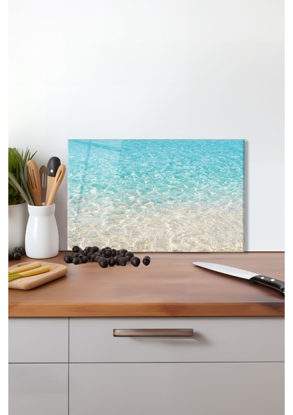 Deniz Kum Görünüm Cam Kesme Tahtası, Silikon Ayaklı, Isıya Kırılmaya Dayanıklı, Sunum Kesim Tablası