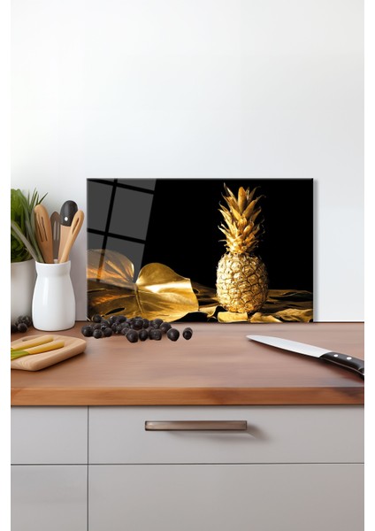 Gold Ananas Yaprak Cam Kesme Tahtası, Silikon Ayaklı, Isıya Kırılmaya Dayanıklı Sunum Kesim Tablası