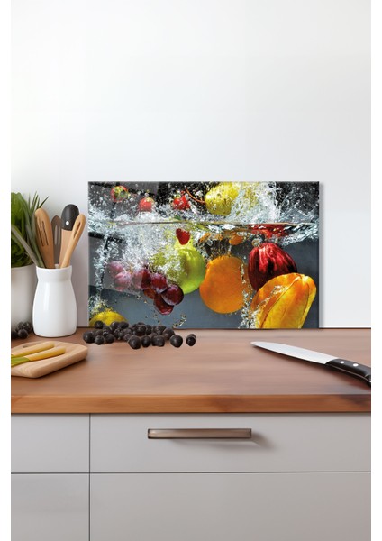 Suyun Içinde Meyve Cam Kesme Tahtası, Silikon Ayaklı, Isıya Kırılmaya Dayanıklı, Sunum Kesim Tablası