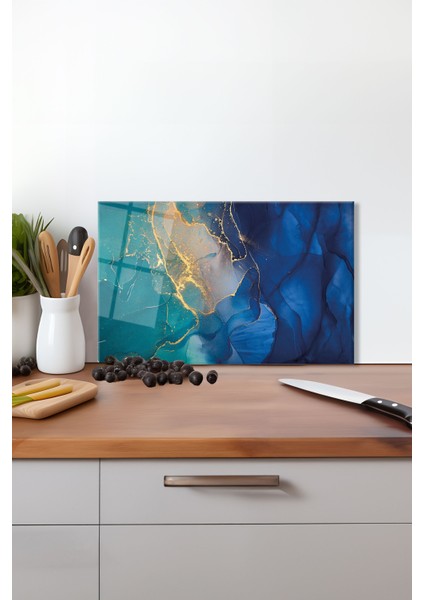 Mavi Gold Detay Soyut Cam Kesme Tahtası, Silikon Ayaklı, Isıya Kırılmaya Dayanıklı, Sunum Tablası