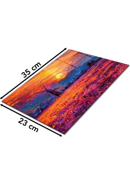 Günbatımı Değirmen Cam Kesme Tahtası, Silikon Ayaklı, Isıya Kırılmaya Dayanıklı, Sunum Kesim Tablası fiyatları