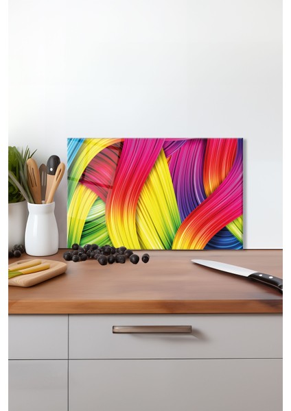 Rengarenk Soyut Cam Kesme Tahtası, Silikon Ayaklı, Isıya Kırılmaya Dayanıklı, Sunum Kesim Tablası