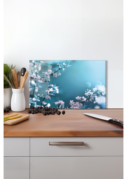 Sakura Çiçeği Cam Kesme Tahtası, Silikon Ayaklı, Isıya Kırılmaya Dayanıklı, Sunum Kesim Tablası