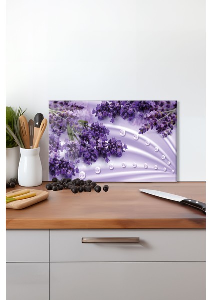 Mor Lavantalar Cam Kesme Tahtası , Silikon Ayaklı, Isıya Kırılmaya Dayanıklı, Sunum Kesim Tablası
