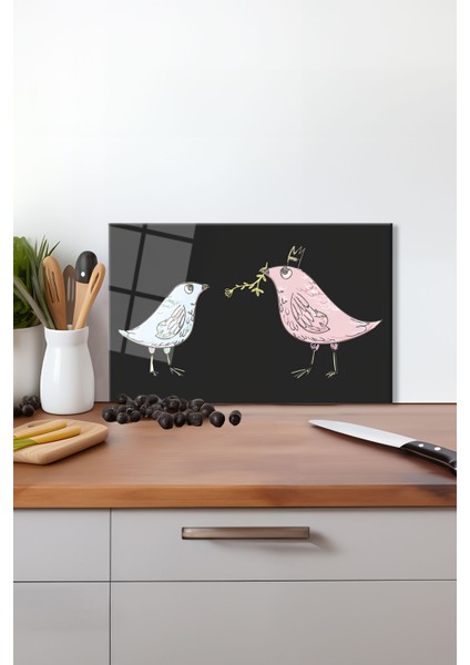 Anne ve Yavru Kuş Cam Kesme Tahtası , Silikon Ayaklı, Isıya Kırılmaya Dayanıklı, Sunum Kesim Tablası