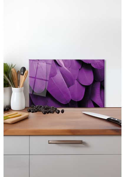 Mor Kuş Tüyleri Cam Kesme Tahtası, Silikon Ayaklı, Isıya Kırılmaya Dayanıklı ,sunum Kesme Tablası