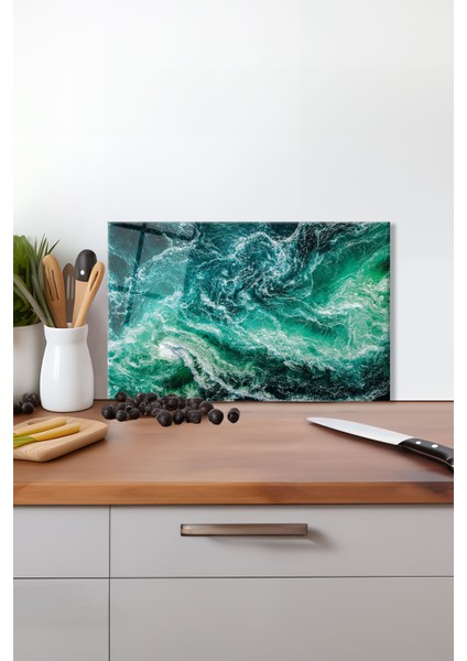 Turkuaz Deniz Dalgası Cam Kesme Tahtası, Silikon Ayaklı, Isıya Kırılmaya Dayanıklı, Sunum Tablası