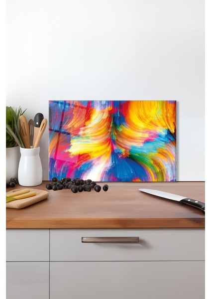 Renkli Rüya Cam Kesme Tahtası, Silikon Ayaklı, Isıya Kırılmaya Dayanıklı, Sunum Kesim Tablası