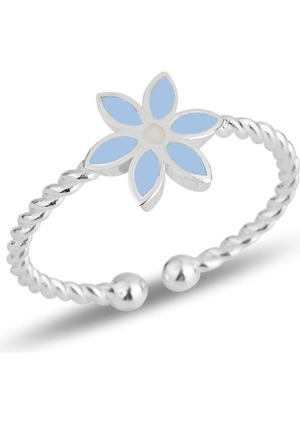 Gümüş Mavi Mineli Çiçek Ayarlamalı Çocuk Yüzüğü SGTL11832MAVI