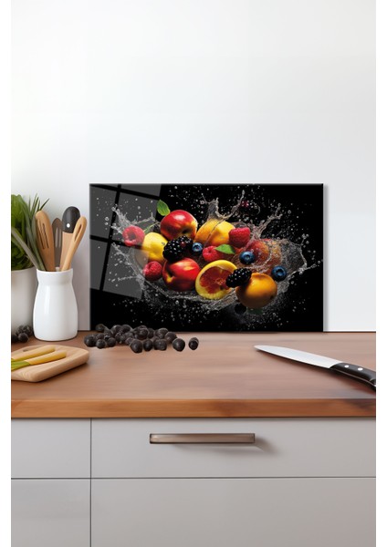 Su Içinde Renkli Meyveler Cam Kesme Tahtası, Silikon Ayaklı Isıya Kırılmaya Dayanıklı, Sunum Tablası