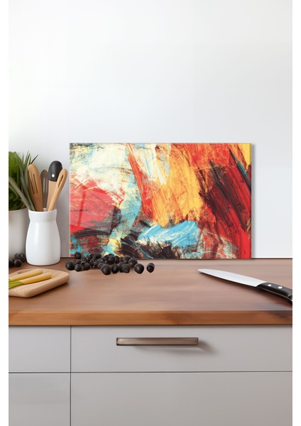 Renkli Fırça Darbeleri Cam Kesme Tahtası, Silikon Ayaklı, Isıya Kırılmaya Dayanıklı, Sunum Tablası