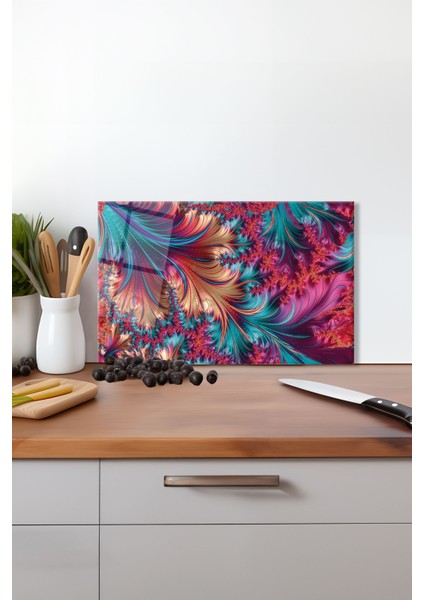 Pembe Fraktal Cam Kesme Tahtası, Silikon Ayaklı, Isıya Kırılmaya Dayanıklı, Sunum Kesim Tablası