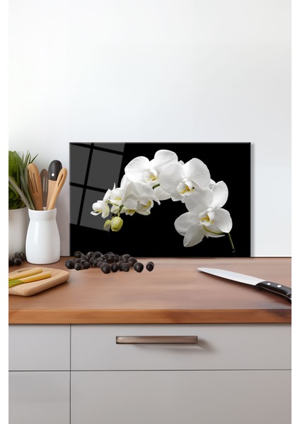Beyaz Orkide Cam Kesme Tahtası, Silikon Ayaklı, Isıya Kırılmaya Dayanıklı, Sunum Kesim Tablası