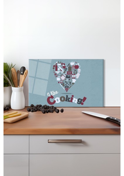 I Like Cooking Cam Kesme Tahtası , Silikon Ayaklı, Isıya Kırılmaya Dayanıklı, Sunum Kesim Tablası