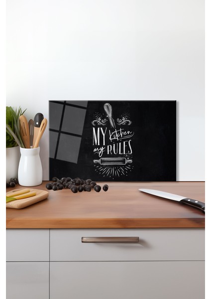 Kara Tahta My Kitchen My Rules Cam Kesme Tahtası Silikon Ayaklı, Kırılmaya Dayanıklı, Sunum Tablası