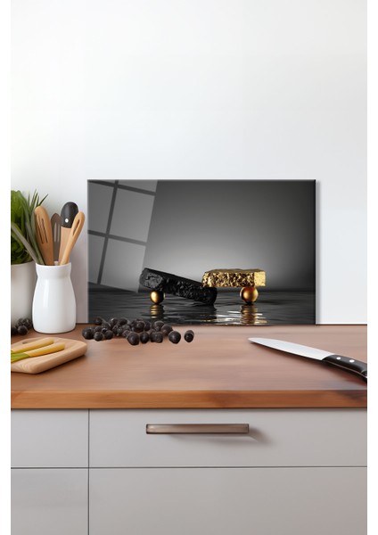 Siyah Gold Taş Denge Cam Kesme Tahtası, Silikon Ayaklı Isıya Kırılmaya Dayanıklı Sunum Kesim Tablası