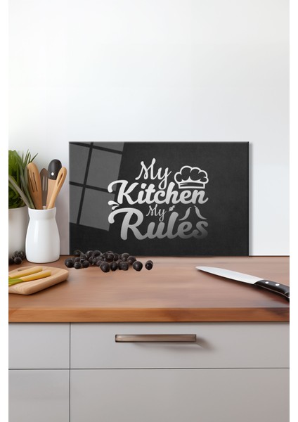 My Kitchen My Rules Cam Kesme Tahtası Silikon Ayaklı, Isıya Kırılmaya Dayanıklı Sunum Kesim Tablası