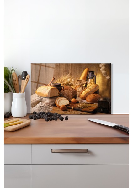 Mutfak Temalı Ekmek Çeşitleri Cam Kesme Tahtası , Silikon Ayaklı, Kırılmaya Dayanıklı, Sunum Tablası