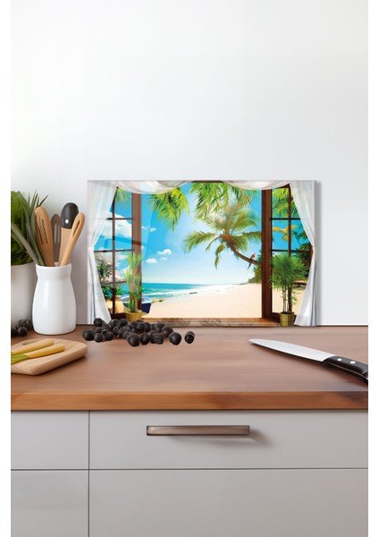 Plaja Açılan Pencere Cam Kesme Tahtası , Silikon Ayaklı, Kırılmaya Dayanıklı, Sunum Kesim Tablası