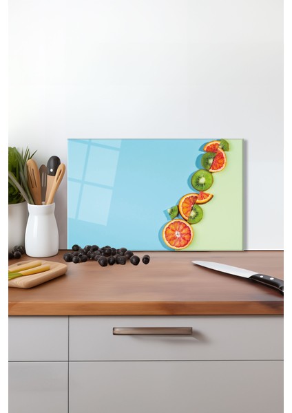 Turkuaz Meyveli Cam Kesme Tahtası, Silikon Ayaklı, Isıya Kırılmaya Dayanıklı, Sunum Kesim Tablası