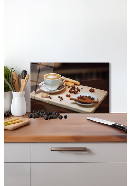 Kahve Keyfi Cam Kesme Tahtası , Silikon Ayaklı, Isıya Kırılmaya Dayanıklı, Sunum Kesim Tablası