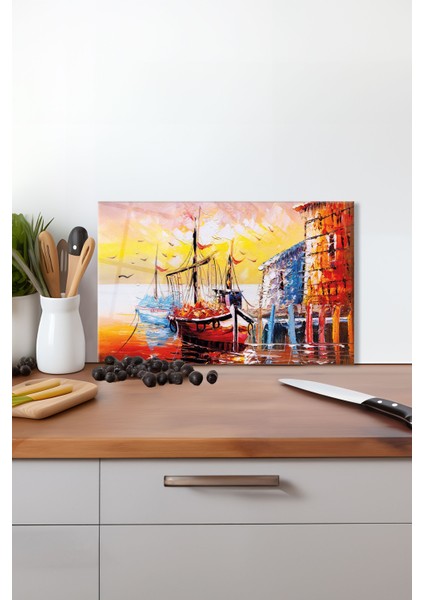 Günbatımında Yelkenliler Cam Kesme Tahtası, Silikon Ayaklı, Isıya Kırılmaya Dayanıklı, Sunum Tablası