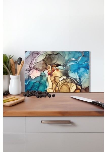 Karışık Renk Mermer Desen Cam Kesme Tahtası, Silikon Ayaklı Isıya Kırılmaya Dayanıklı Sunum Tablası