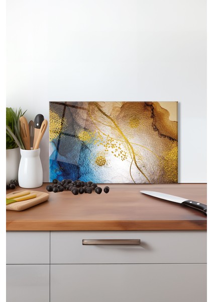 Gold Detay Mavi Cam Kesme Tahtası, Silikon Ayaklı, Isıya Kırılmaya Dayanıklı, Sunum Kesim Tablası