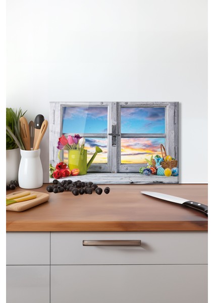 Pencere Gökyüzü ve Laleler Cam Kesme Tahtası , Silikon Ayaklı, Kırılmaya Dayanıklı, Sunum Tablası